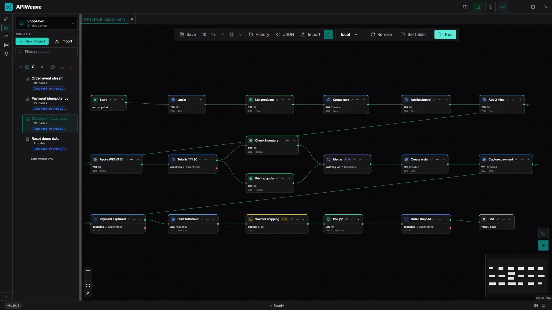 The 19-node Checkout happy path after a passing run: Log in, the parallel Check inventory and Pricing quote branches, Merge and End, every node green